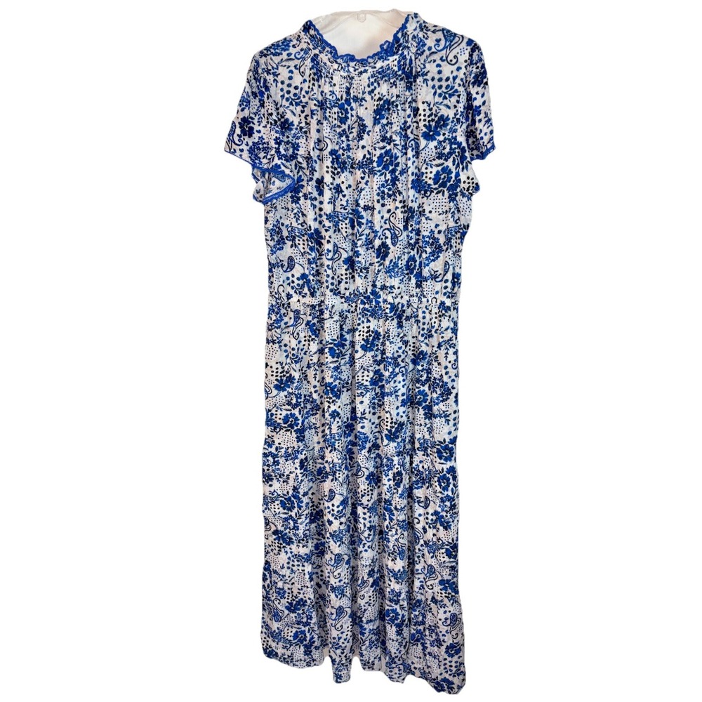 Jessica Simpson Maxi Dress Size 3X‎ Blue & White Floral with Tie Tassels
